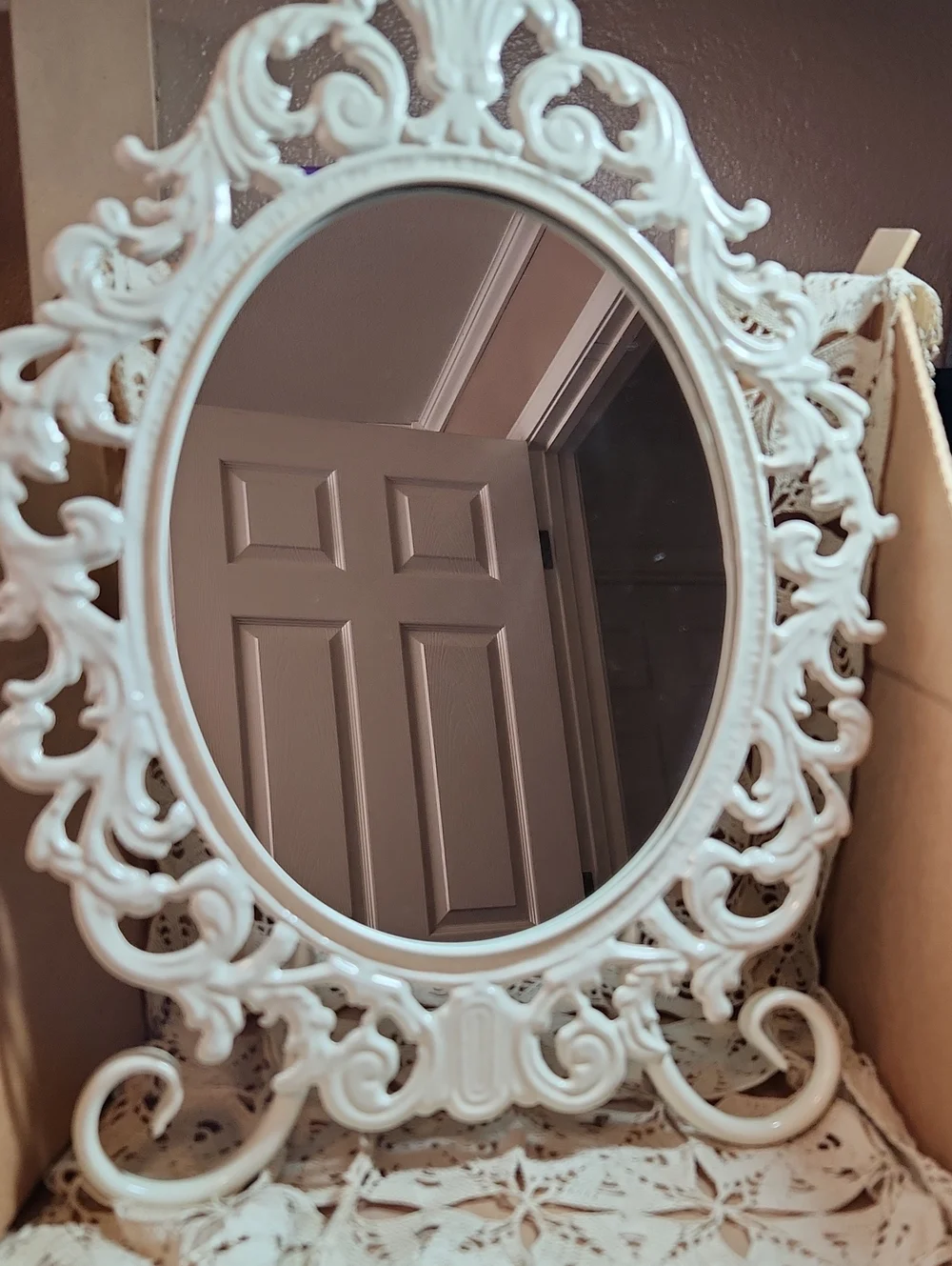 Ornate White Oval Table Mirror